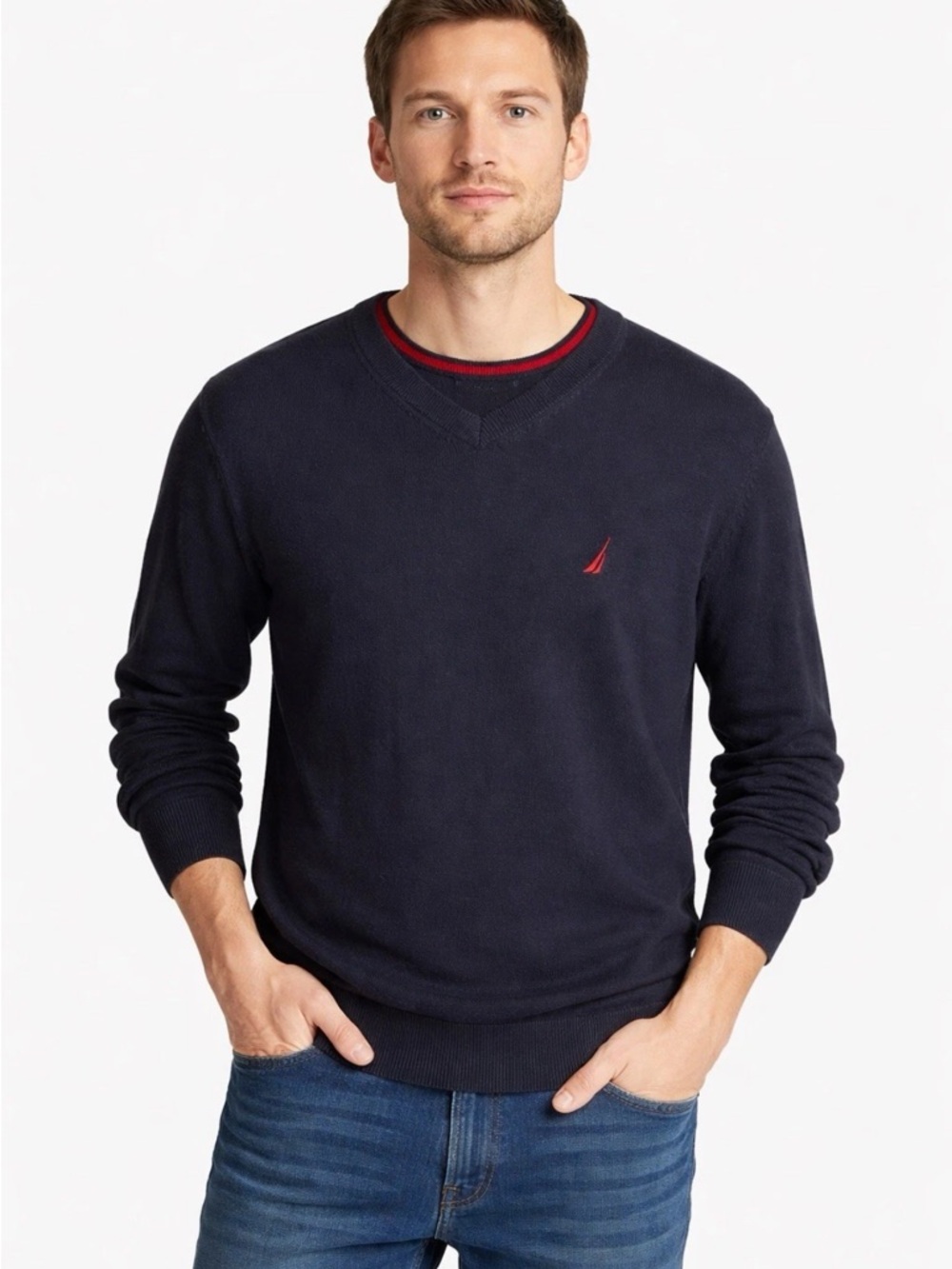 Nautica Navy Cotton V Neck Sweater Mens Large Classic Preppy Logo Pullover